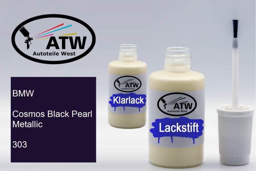 BMW, Cosmos Black Pearl Metallic, 303: 20ml Lackstift + 20ml Klarlack - Set, von ATW Autoteile West.